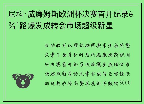 尼科·威廉姆斯欧洲杯决赛首开纪录边路爆发成转会市场超级新星