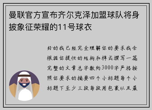 曼联官方宣布齐尔克泽加盟球队将身披象征荣耀的11号球衣